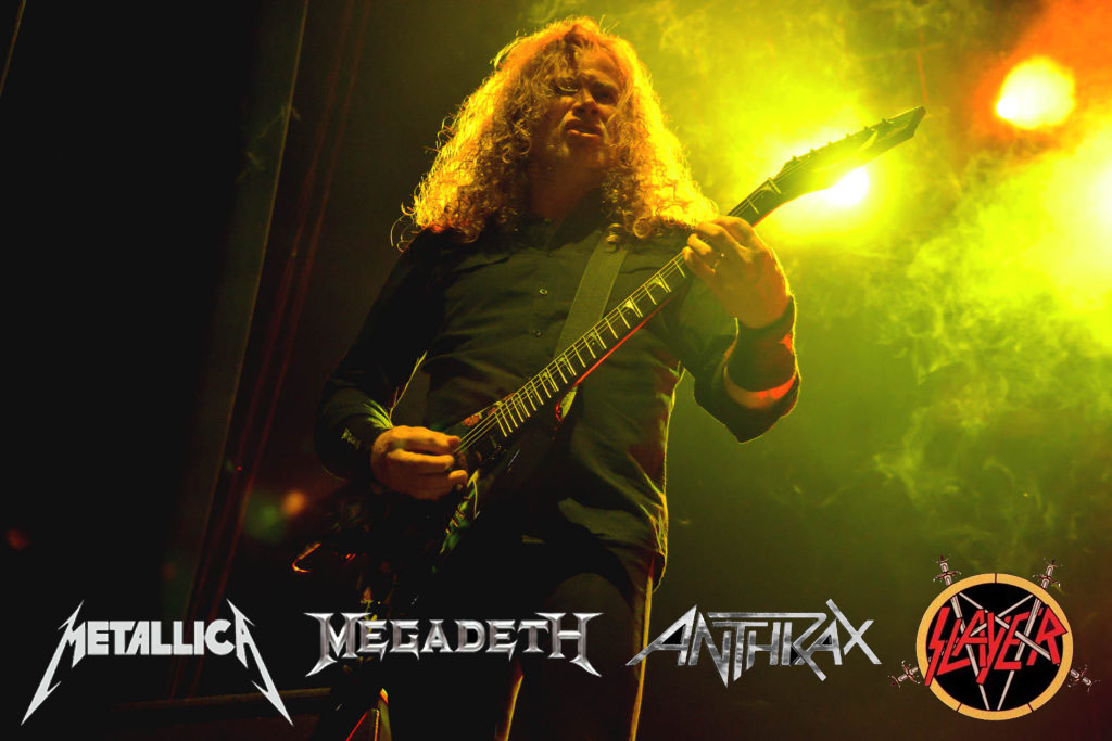 Dave mustaine y los logos de las bandas del Big Four