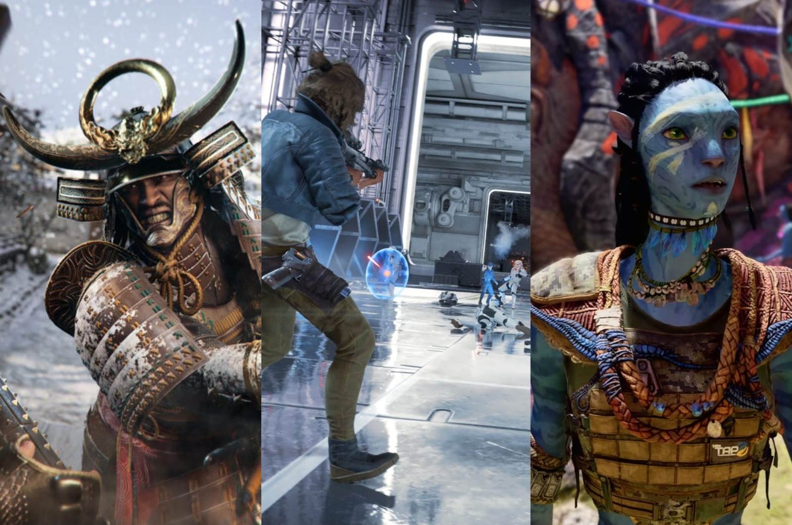 imagen de ac shadows star wars outlaws y avatar en el ubisoft forward
