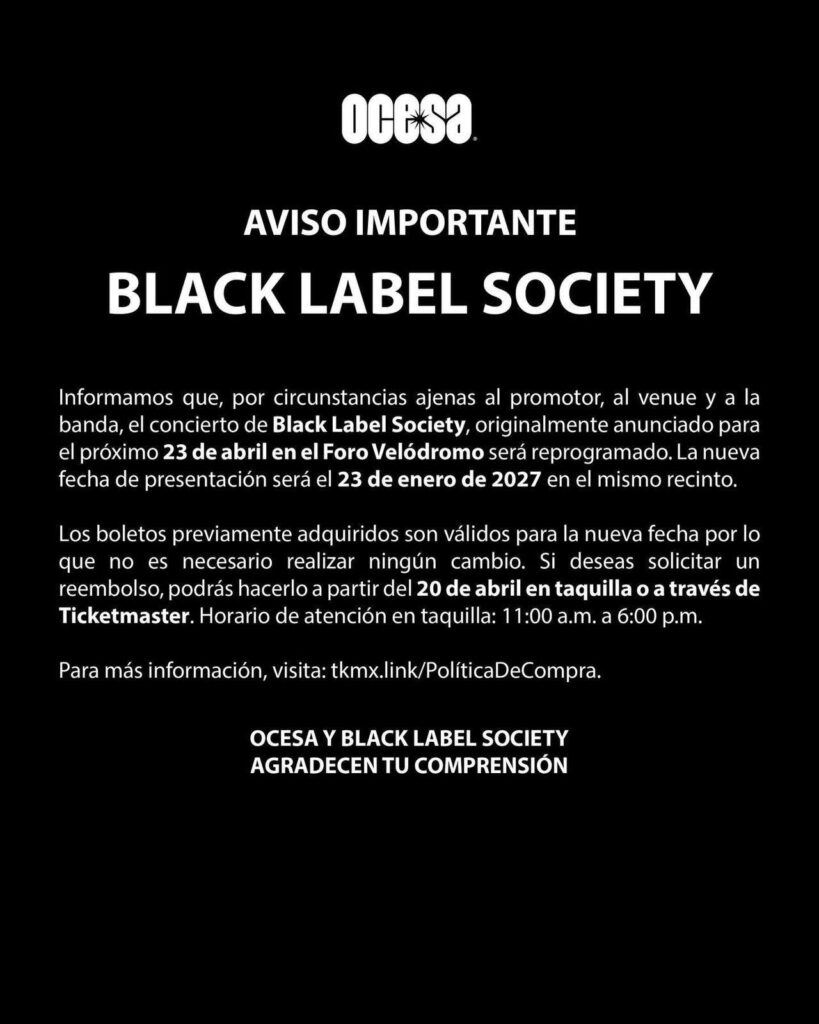 El concierto de Black Label Society cambia de fecha hasta el 2027